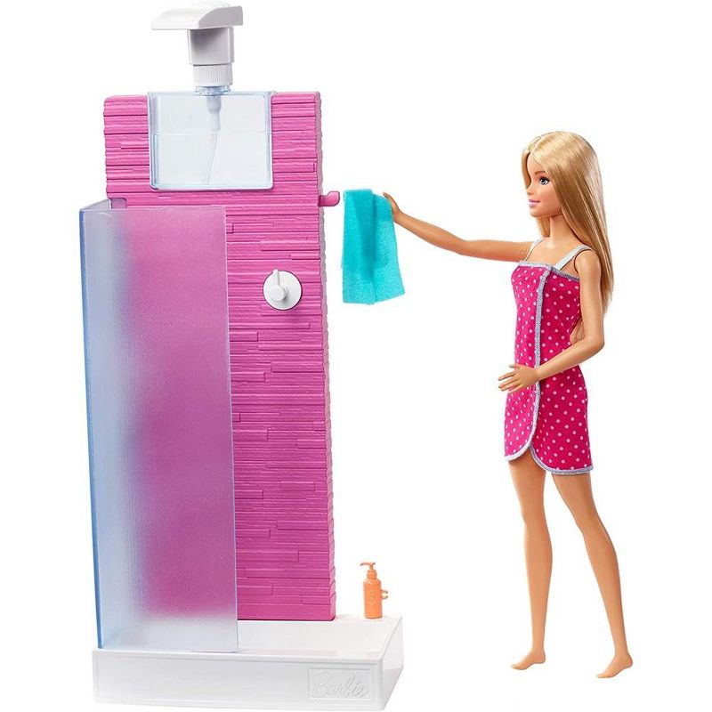 Barbie Doll Bathroom with Working Shower and Three Bath Accessories, Gift Set, 4 of 9
