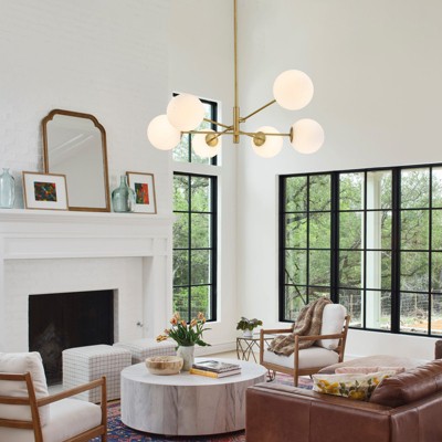 LLHZSY 6 Light Gold Brass Mid-Century Modern Ceiling Chandelier with White Globe Glass