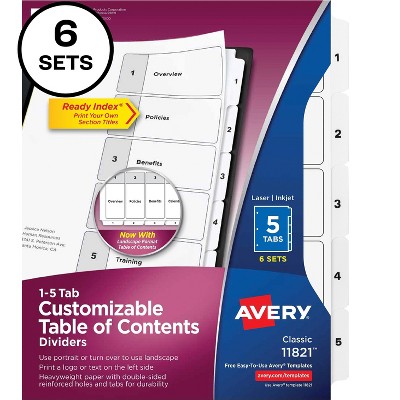 Avery Pre-Printed 5-Tab Numeric Dividers Customizable 11821