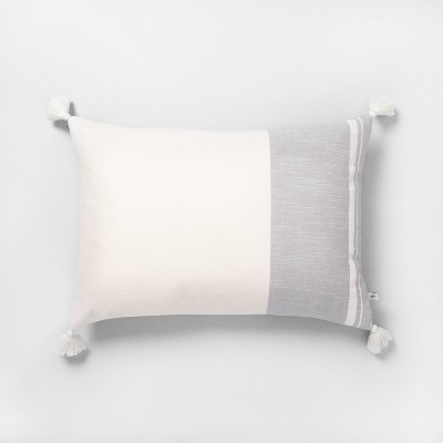 14" x 20" Colorblocked Stripe Tassel Throw Pillow Neutral Gray - Hearth & Hand™ with Magnolia