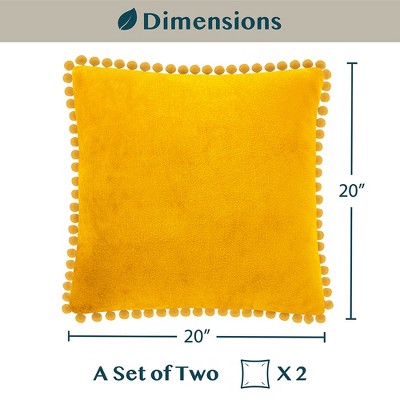 Mustard Yellow Velvet Square Throw Pillow Covers with Pom Pom Fringe, 20'' x 20''