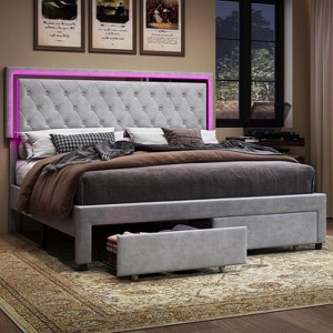 Bed Frame with LED Lights&Storage Drawers, Velvet Upholstered Platform Bed - 1 of 4