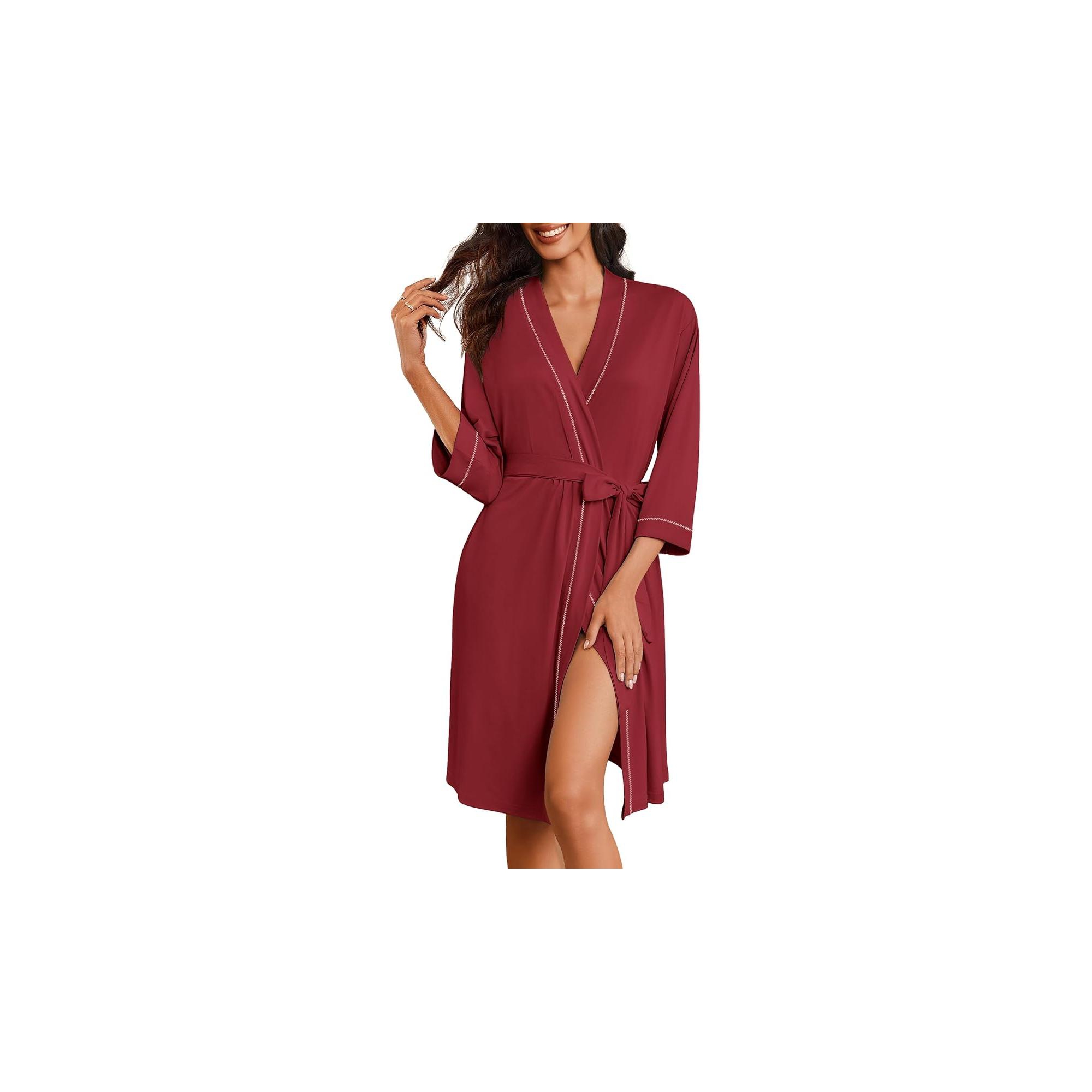 Ekouaer Robes for Women Knee Length Bathrobe Lightweight Robe 3/4 Sleeve Loungewear Soft Sleepwear with Pockets Burgundy M