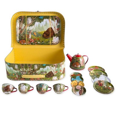 HearthSong 15-Piece Woodland-Themed Tin Tea Set With Carrying Case