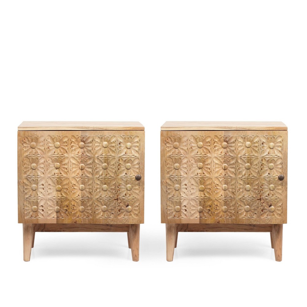 Photos - Storage Сabinet Set of 2 Cooney Boho Handcrafted Acacia Wood Nightstands Natural - Christo