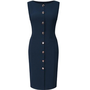 INSPIRE CHIC Women's Sleeveless Boat Neck Button Decor 2026 Work Office Sheath Midi Dresses - 1 of 4