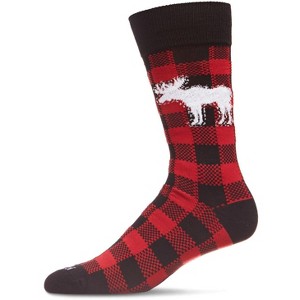 Memoi Men's Buffalo Plaid Checked Moose Holiday Crew Socks Black-Red 10-13 - 1 of 4