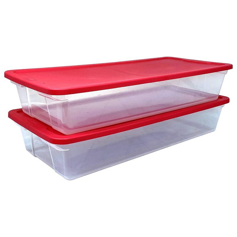 Homz 3421CLRDDC.02 Large 41 Quart Clear Plastic Under Bed Stackable Holiday Storage Container with Red Snap Lock Lid, 2 Pack, 1 of 8