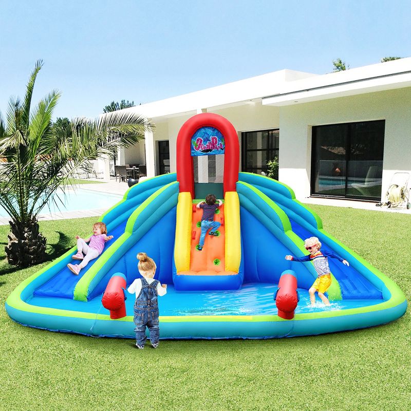 Costway Inflatable Bounce House Kids Water Splash Pool Dual Slides Climbing Wall without Blower, 4 of 11