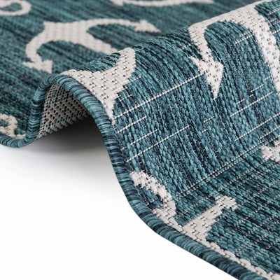 Teal and Ivory Nautical Anchor Outdoor Rug 4' x 6'