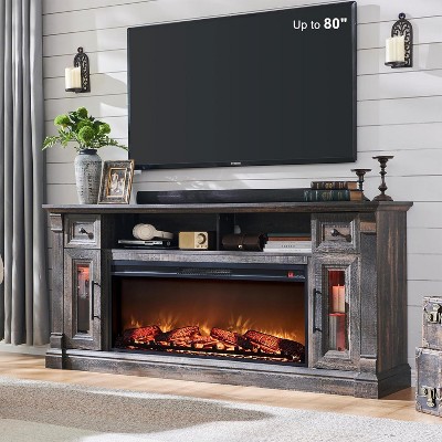 SinCiDo Farmhouse Fireplace TV Stand for 80 Inch TV, 42″ Electric Fireplace Media Cabinet w/ LED lights & drawers & cabinets