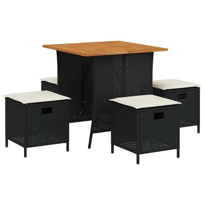 vidaXL 5-Piece Patio Dining Set - Poly Rattan Furniture with Cushions and Acacia Wood Table - Black/Cream White