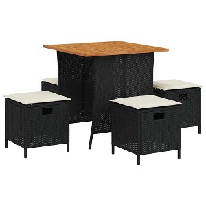 vidaXL 5-Piece Patio Dining Set - Poly Rattan Furniture with Cushions and Acacia Wood Table - Black/Cream White - 1 of 4