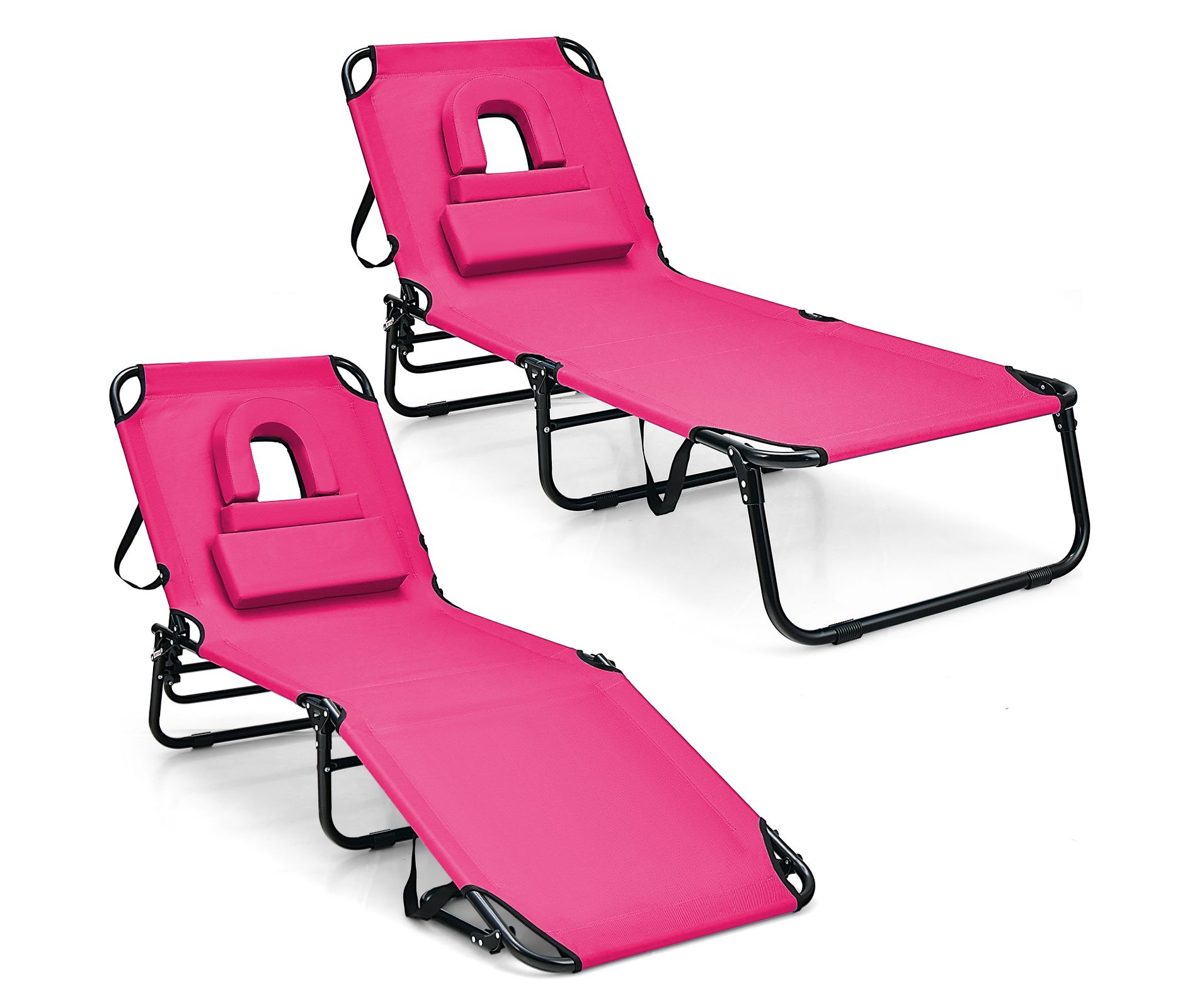 Gymax 2PCS Beach Chaise Lounge Chair Face Down Tanning Chair 5 Adjustable Positions Portable Sunbathing Recliner Pink