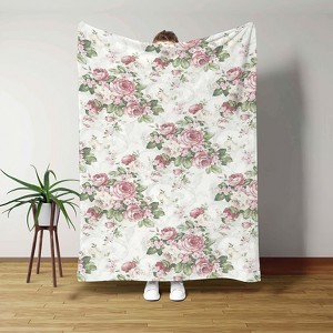Lomsoe Elegant Floral with Pink Rose Print Flannel Blanket - All Seasons Soft and Warm Throw Blanket for Bed, Napping, Camping, Travel, Office - 1 of 4