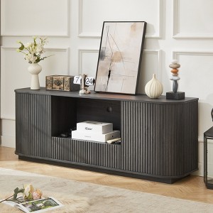 64"W Wavy TV Stand, Rounded Sideboard, Storage Cabinet with Wooden Vertical Stripe for Living Room, Bedroom & Entryway, Natural/Black - ModernLuxe - 1 of 4