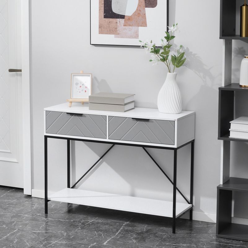 HOMCOM Modern Console Table with 2 Drawers and Open Shelf, Sofa Table for Entryway, Living Room and Hallway, White, 2 of 7