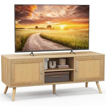 TV Stand for TVs up to 55" PE Rattan Media Console Table w/ 2 Cabinets & Open Shelves Natural