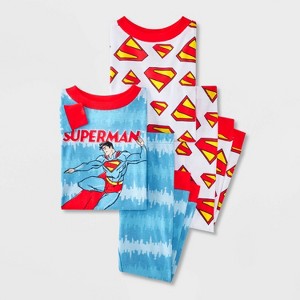 Toddler Boys' 4pc Superman Cotton Long Sleeve Pajama Set - Blue/White/Red - 1 of 4