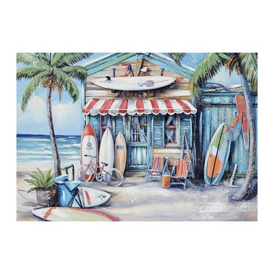 Angel Sar Blue Beach Surfboard Coconut Tree Wall Art, Tropical Coastal Canvas Print for Living Room, Bedroom, or Office Decor