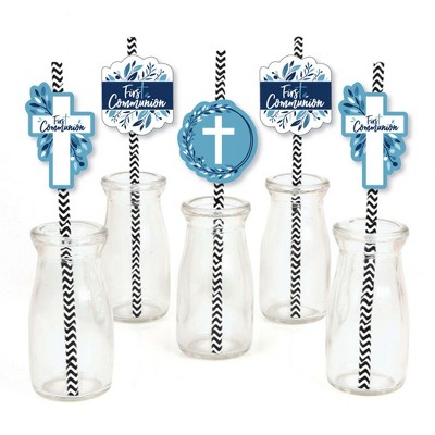 Big Dot of Happiness First Communion Blue Elegant Cross - Paper Straw Decor - Boy Religious Party Striped Decorative Straws - Set of 24