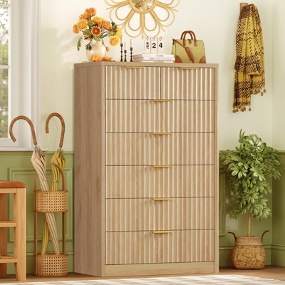 Usikey Fluted 6 Drawers Dresser for Bedroom, 48" H Modern Chest of Drawers with Metal Handle, Wood Closet Organizer Wood Dressers for Living Room