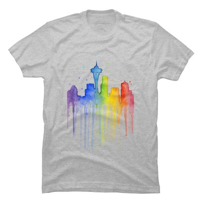 Men's Design By Humans Seattle Skyline Rainbow Watercolor By OlechkaDesign T-Shirt