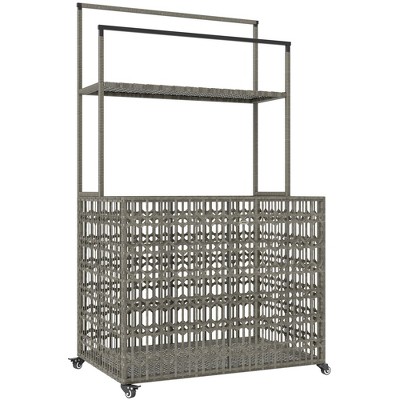 Outsunny Rattan Pool Float Storage Organizer, Wheeled Pool Caddy with Basket Shelf Towel Bars
