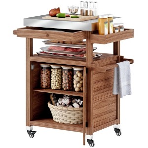 Outsunny Outdoor Grill Cart with Wheels and Storage Cabinet, Solid Wood Outdoor Kitchen Island with Stainless Steel Top, Drawer, Side Handle, Brown - 1 of 4