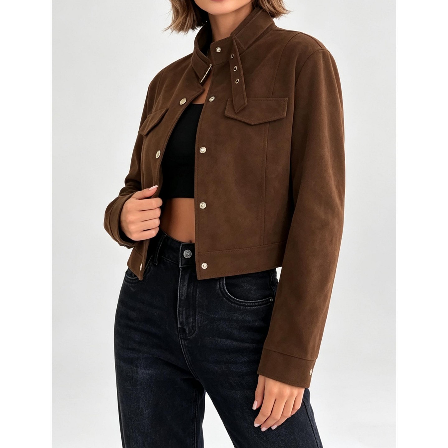 Женская куртка YesFashion Women Faux Suede Cropped Jacket Stand Collar Button Down Long Sleeve Casual Short Outerwear, Brown, цвет: Коричневый — фото 3