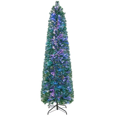 Tangkula 5/6/7/8 FT Fiber Optic Artificial Christmas Tree Prelit Pencil Christmas Tree with 361/517/697/889 Branch Tips Foldable Metal Stand
