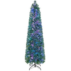 Tangkula 5/6/7/8 FT Fiber Optic Artificial Christmas Tree Prelit Pencil Christmas Tree with 361/517/697/889 Branch Tips Foldable Metal Stand - 1 of 4