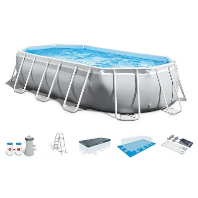 Intex Prism Frame 16.5' x 9' x 4' Oval Above Ground Swimming Pool Set with Filter Pump, Ladder, Pool Cover, and Protective Sun Canopy Shade