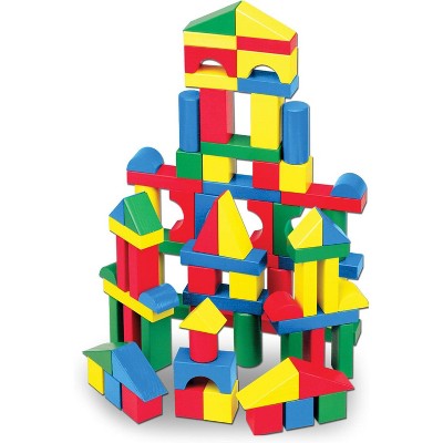 Attop Wooden Building Blocks Set - 100 Blocks in 4 Colors and 9 Shapes