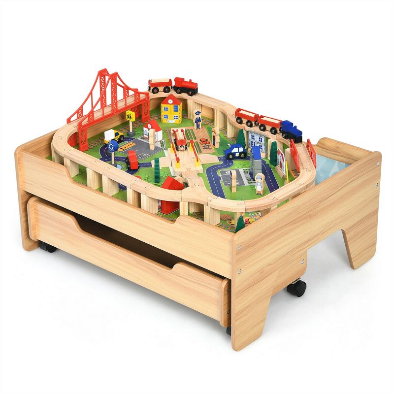 Costway Wooden Kids Train Track Railway Set Table w/100 Pieces Storage Drawer, 1 of 13