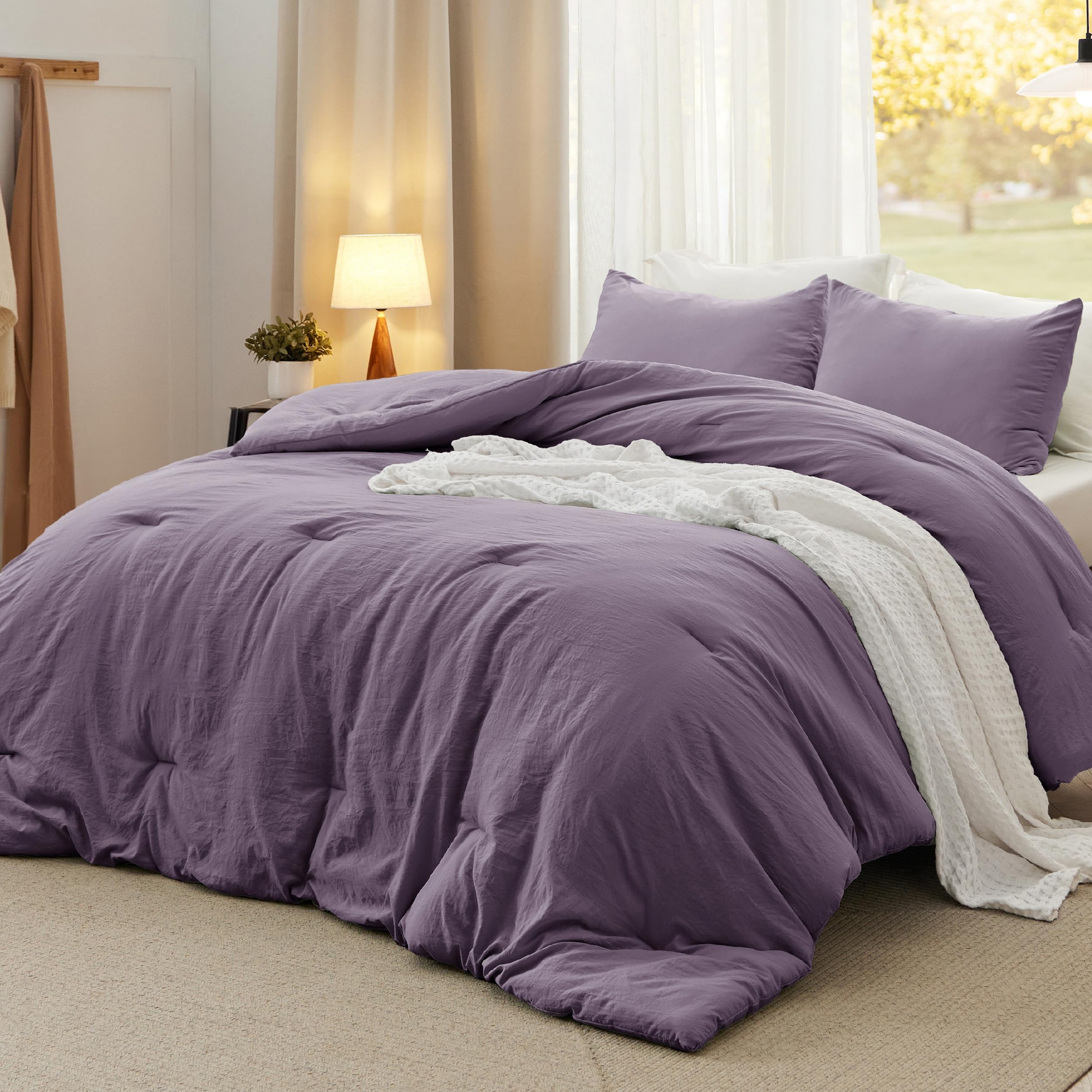 Bedsure Queen Size Comforter Set Grayish Purple Soft Prewashed Bedding for All Seasons 3 Pieces GentleSoft™ Warm Down Alternative Bed Set Gift
