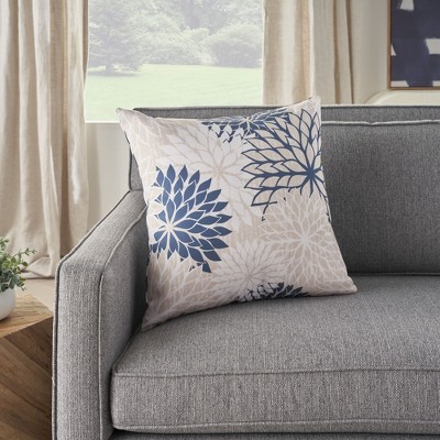 Ivory and Navy Floral Square Outdoor Throw Pillow