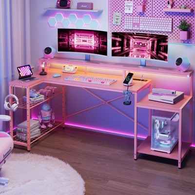 Bestier 71.5"  LED Gaming Desk with Power Outlet, L-Shaped Computer Desk with Monitor Stand