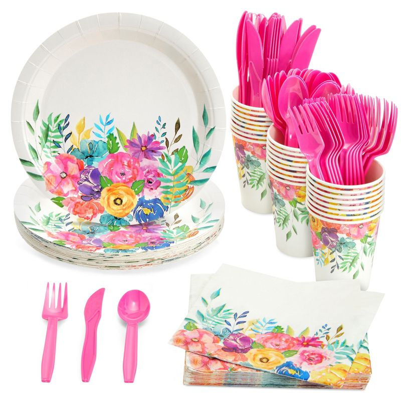 Juvale 144-Piece Tea Party Supplies - Floral Paper Plates, Napkins, Cups and Cutlery for Wedding, Girls Baby Shower (Serves 24), 1 of 9