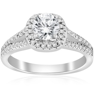 Pompeii3 3/4ct Cushion Halo Diamond Engagement Ring Split Shank 14k White Gold