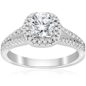 Pompeii3 3/4ct Cushion Halo Diamond Engagement Ring Split Shank 14k White Gold - 1 of 4
