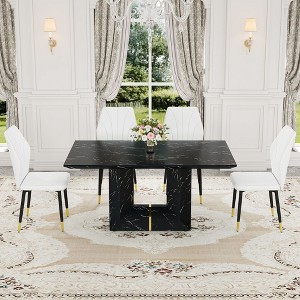 NicBex Dining Table Set for 4 Kitchen Table Black Marble Pattern MDF Dining Set with 4 White PU Chairs With a Widened Backrest Design - 1 of 4