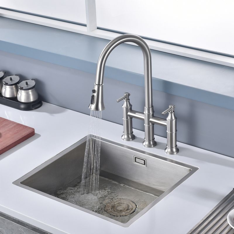 SUMERAIN 2-Handle Bridge Kitchen Sink Faucet with Pull Down Sprayer, 3 Hole, Brushed Nickel, 6 of 12