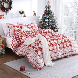 Christmas Plaid Duvet Cover Set, Red and White Reversible Microfiber Bedding with 2 Pillow Cases, Holiday Decorative Comforter Cover Set - 1 of 4
