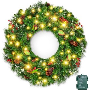24 Inch Pre-Lit Christmas Wreaths, IP44 Battery Operated 50 LED Christmas Wreath for Front Door Wall Window - 1 of 4