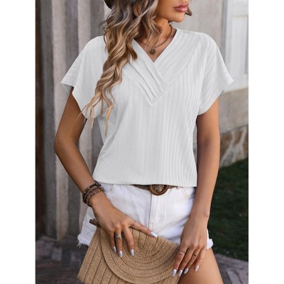 Women's Summer V-Neck Chain Striped Top Jacquard Top Casual Short Sleeved T-Shirt