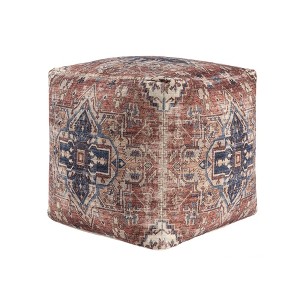 HomeRoots 18" Navy Blue and Terra Cotta Upholstered Medallion Pouf Ottoman - 1 of 4