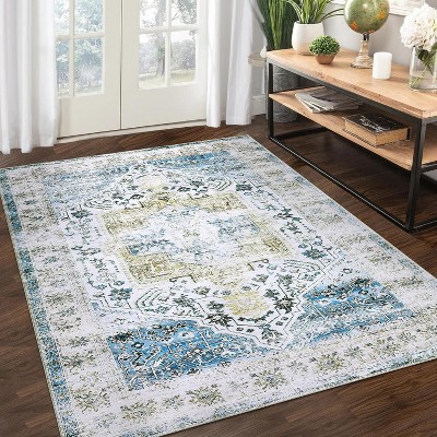 Runner Rug Kitchen Hallway Entryway – Vintage Floral Oriental Design Non-Slip Stain Resistant Low Pile Floor Covering