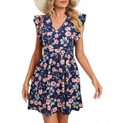 Women's Summer Swing Mini Dress Floral V Neck Short Sleeve Backless A-Line Flare Short Dress