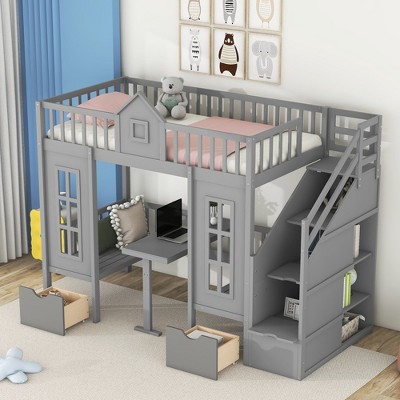 Twin Over Twin Convertible Loft Bed with Table and Benches, Playhouse Design, Solid Wood Frame, for Kids Bedroom